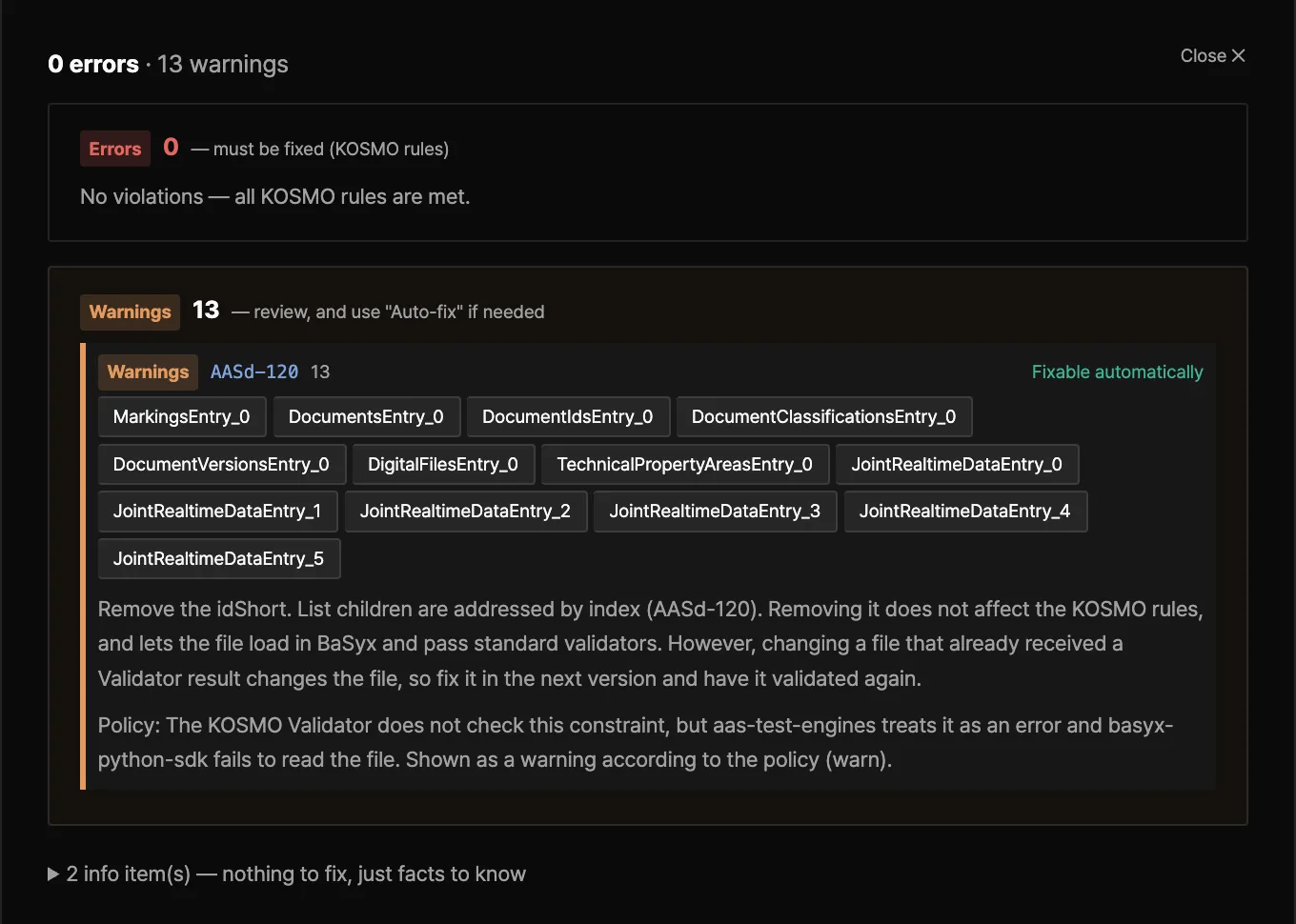 Findings — 0 errors, 13 warnings for rule AASd-120 with how to fix them
