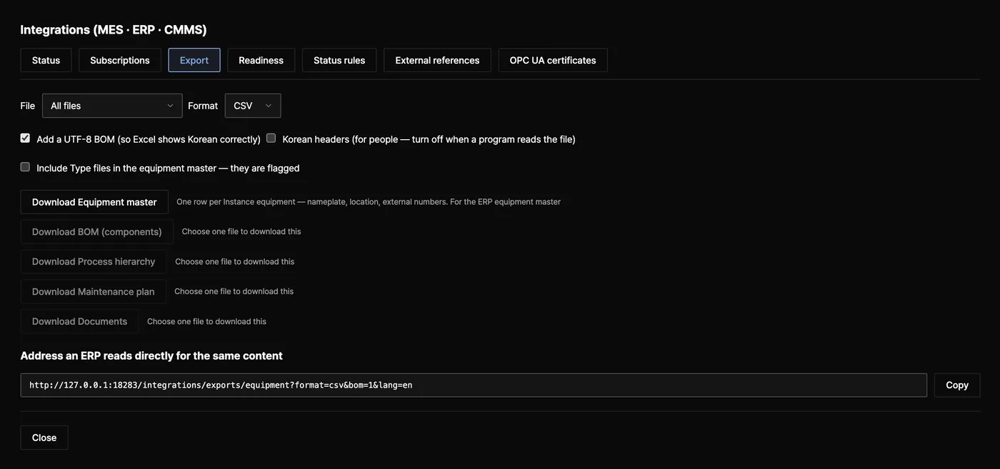Integrations window — Export tab: equipment master, BOM, hierarchy, maintenance plan, documents
