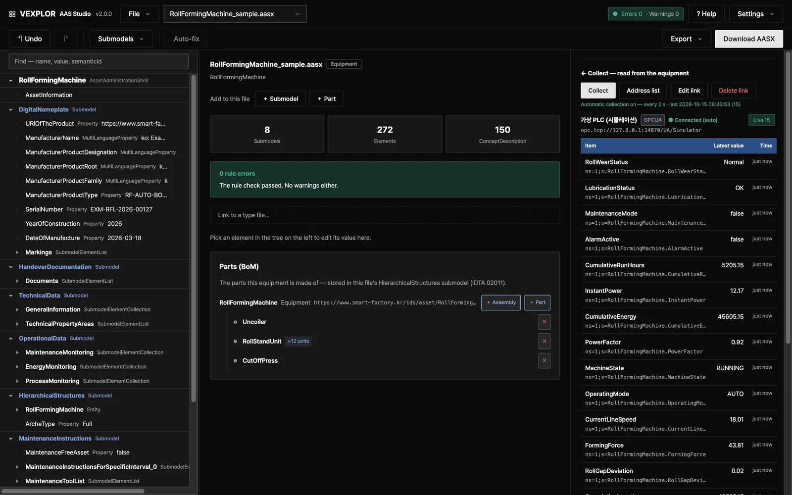 Workspace — AAS tree with warning badges on the left, summary and parts in the middle, collection panel on the right