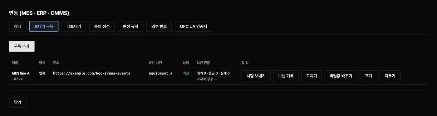 연동 창 — 보내기 구독 탭, https 웹훅 구독 1건과 보낸 현황